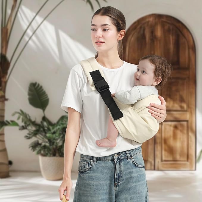 Baby Sling Carrier, Toddler Carrier Sling with Double Safety Buckle and Adjustable Shoulder Strap(7-30lbs), Baby Carriers One Size Fits All, Beige