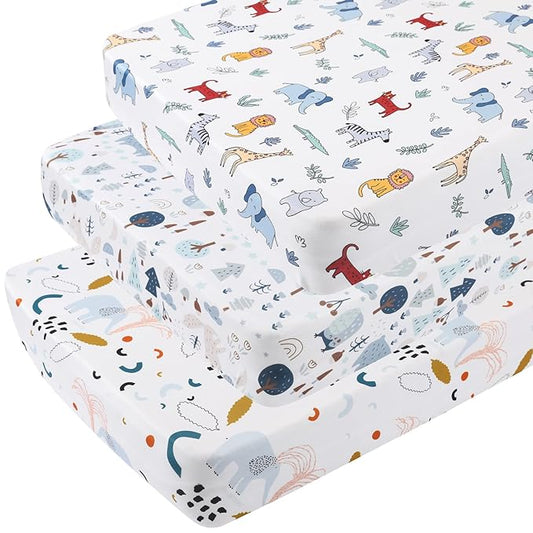 Onacosht Pack and Play Sheets 3 Pack for Baby Boy, Stretchy Jersey Knitted Portable Mini Crib Sheets Playard Mattress Cover, Woodland Animal Elephant Fox Lion Bear Giraffe Zebra Printing