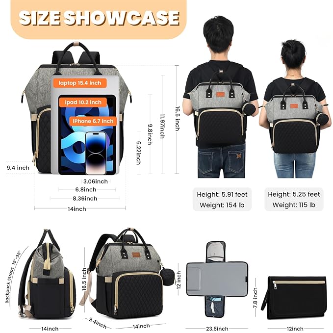 Diaper Bag Backpack with Changing Pad, Pacifier Case, Baby Bag for Boy Girl Toddler - Large, Stylish, Waterproof Travel Quilted Diaper Bag for Mom - Baby Shower - Black Grey