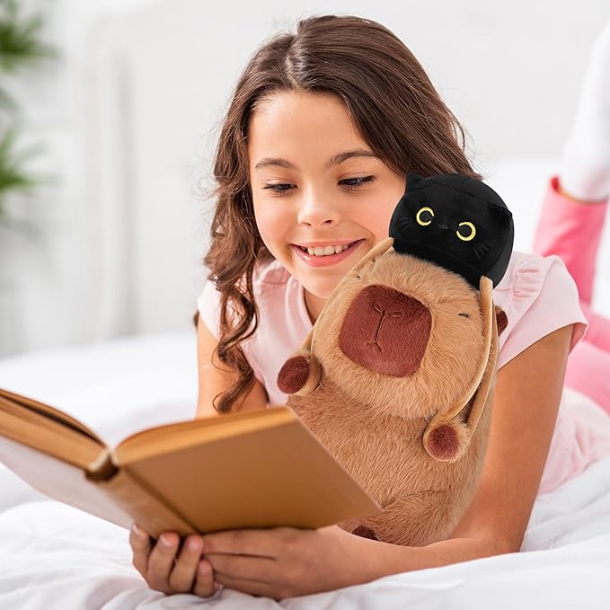 Achwishap Capybara Plush,Capybara Stuffed Animal Cute Plushies,Capybara Plush Toys,Kawaii Plushie Stuffed Toy with Black Cat Backpack Plushies Gifts for Kids Adults(Capybara with Black Cat,9.1”)