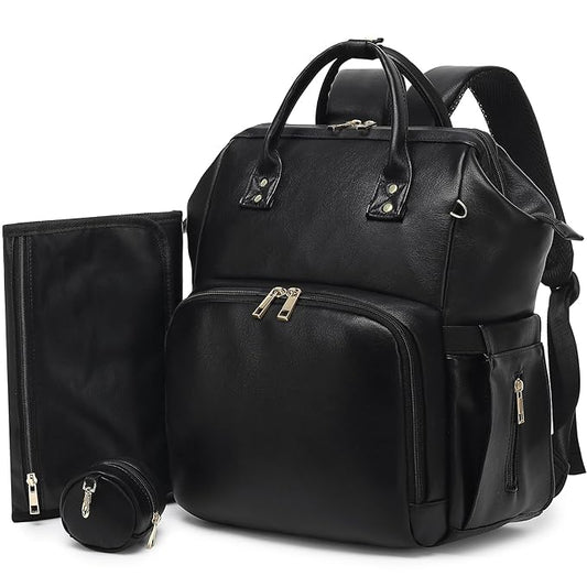 Premium Vegan Leather Diaper Bag Backpack with Waterproof Changing Pad – Reinforced Stitching & Zippers, Baby Bag for Boy Girl, Stroller Straps, Ergonomic Design for Traveling Moms, Black
