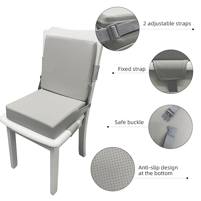 Booster Seat for Dining Table, PU Anti-Scratch Easy Cleaning Kids Toddler Booster Seat for Table, Portable Travel Increasing Cushion for Chair - Light Grey