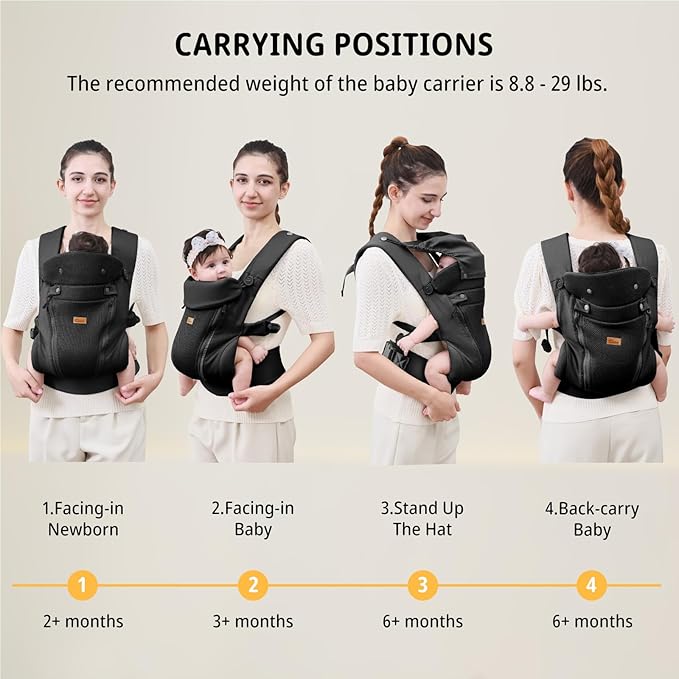 CUBY Newborn Baby Carrier with Head Support and Sunshield, Breathable & Easy Adjustable Newborn Toddler Front Baby Carriers Sling,Hands-Free Newborn Carrier up to 40lbs(Black,Upgraded-with Waist Belt)