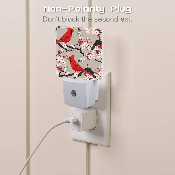 Red Cardinal with Cherry Blossoms Night Light for Kids,Pink Spring Floral Bird Night Light Plug in with Dusk to Dawn Sensor,0.5w Energy Saving Nightlight for Hallway Stairway Kitchen Bedroom