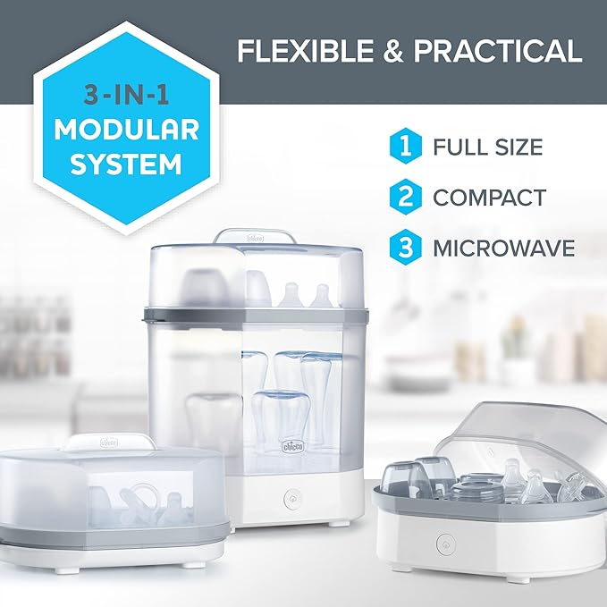 Chicco 3-in-1 Modular Electric Steam Sterilizer for Baby Bottles, Feeding Accessories, and More | Eliminates 99.9% of Germs | 3 Configurations | Automatic Shut-Off and Quiet Operation
