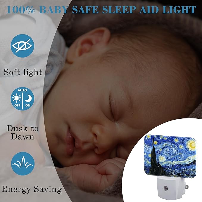 Starry Sky Abstract Painting Plug in Night Lights, Starry Sky Nightlight Plug Into Wall Dusk to Dawn Sensor for Kid Girls Boys Women Men Bedroom, Hallway, Kitchen, Bathroom, Stairs Decor