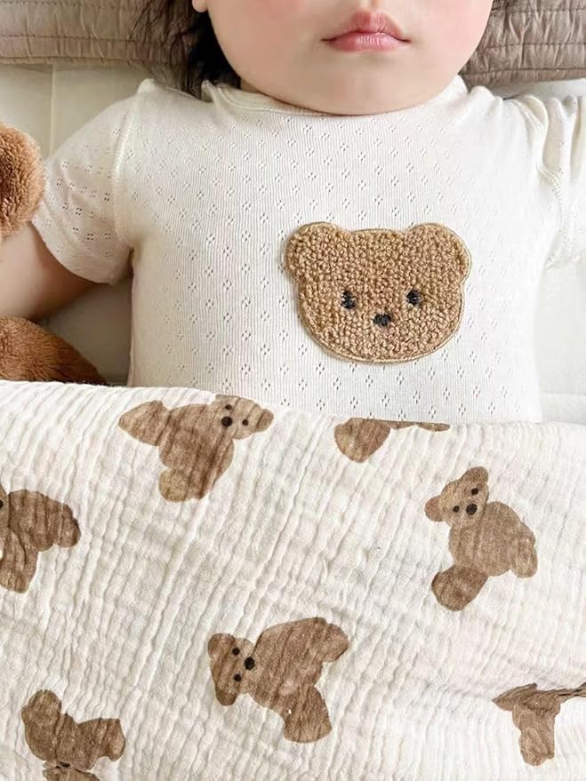 Baby Blanket Double Layer Cotton Muslin Thick Quilt Neutral 40x40Inch Soft Throw Blanket Bear Pattern
