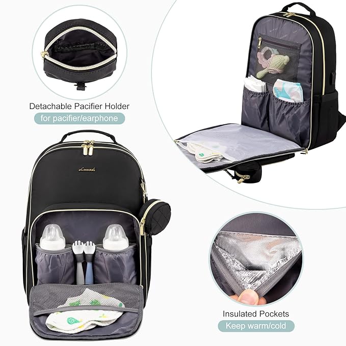LOVEVOOK Diaper Bag Backpack, Quilted Baby Bag with Changing Pad & Pacifier Holder, Waterproof Travel Diaper Bags for Baby Boys Girls, Stylish and Large Capacity, Lozenge-Black
