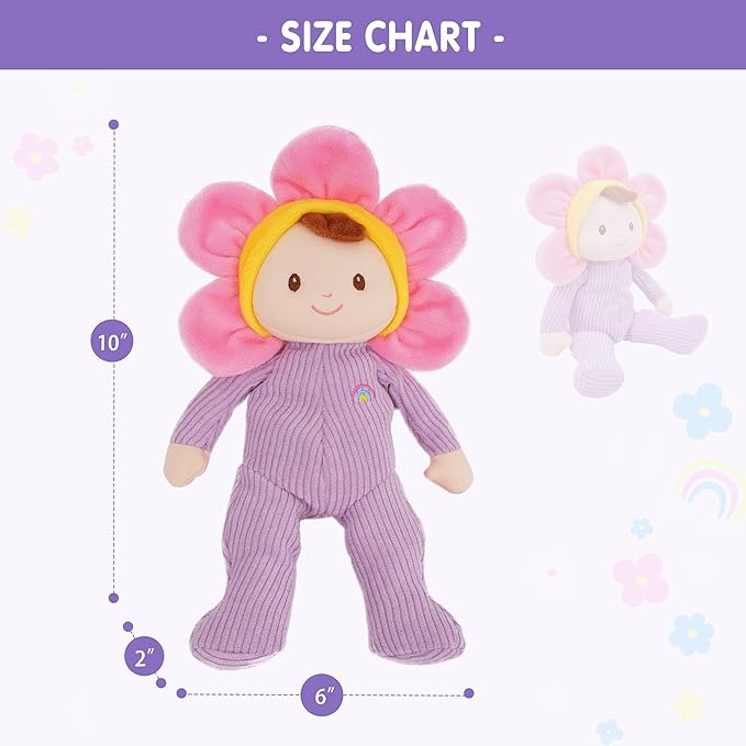 June Garden My First Doll Florie Blossom – 10" Soft Plush Doll – Baby Safe Infant Cuddle Toy – Newborn Purple Corduroy – 0+ Months