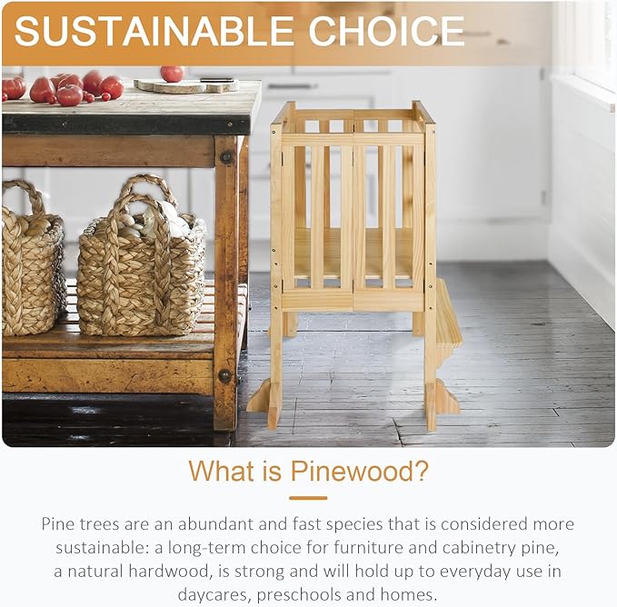 Foldable Toddler Learning Standing Tower, WOOD CITY Montessori Kitchen Step Stool Ideal Helper with 3 Adjustable Heights for Learning New Skills(Natural)