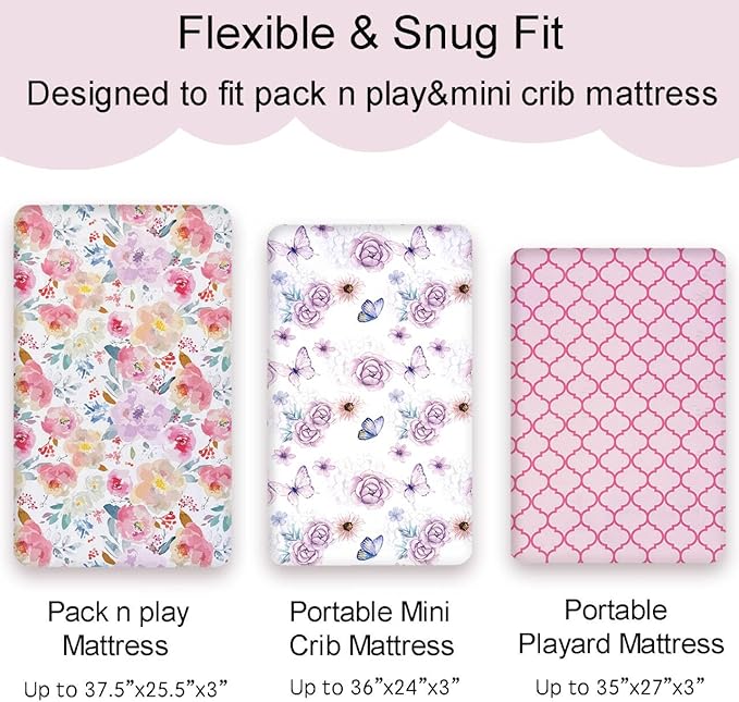 AMROSE 3 Pack Soft Mini Crib Sheets, Microfiber Pack N Play Sheets Set for Baby Girls, Silk Touch Gentle, Fitted for Playard Portable Mini Crib Mattress, Happy Garden