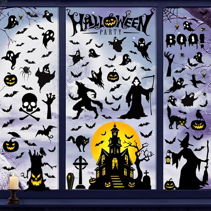 Halloween Window Clings Halloween Window Decals Double-Side Removable Stickers for Halloween Decorations with Ghost Bats Pumpkins Witch Tombstone Haunted House Halloween Window Stickers
