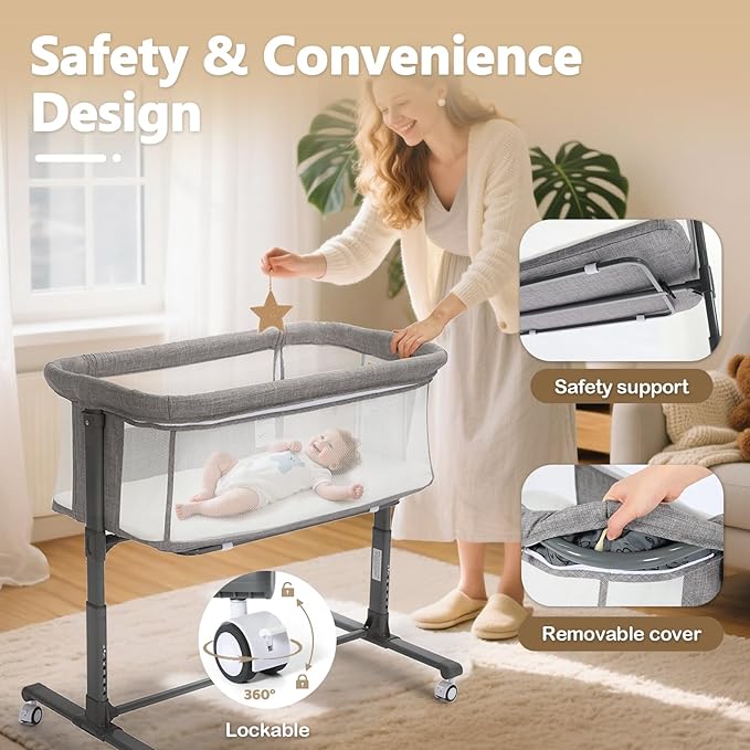 Kinder King Baby Bassinet w/Wheels, Folding Portable Newborn Bedside Sleeper, All-Sided Mesh Infant Crib, Adjustable Height, Removable Soft Mattress, No Tool to Assemble, Grey