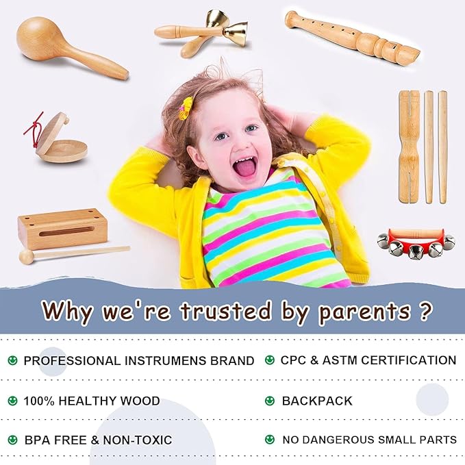 LOOIKOOS Toddler Musical Instruments, Eco Friendly Music Set for Kids Preschool Educational, Natural Wooden Percussion Instruments Musical Toys for Boys and Girls with Storage Bag