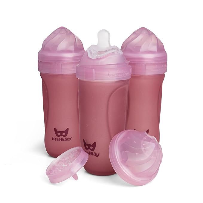 Herobility Glass Baby Bottle - 11 fl oz/320 ml - 3 Pack | Heat Sensing Color-Changing Bottle with Double Anti-Colic Nipple - Silicone Coating - Breastlike Nipples for Newborn Babies - Rose Color
