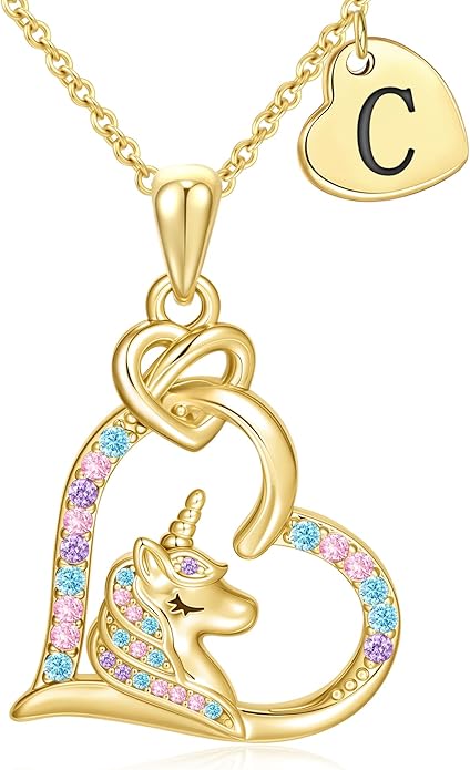 C-leen Unicorn Necklaces Gifts for Girls, 14K Gold Plated Colorful CZ Heart Initial Pendant Unicorn Necklaces for Girls Teens Jewelry Birthday Gifts