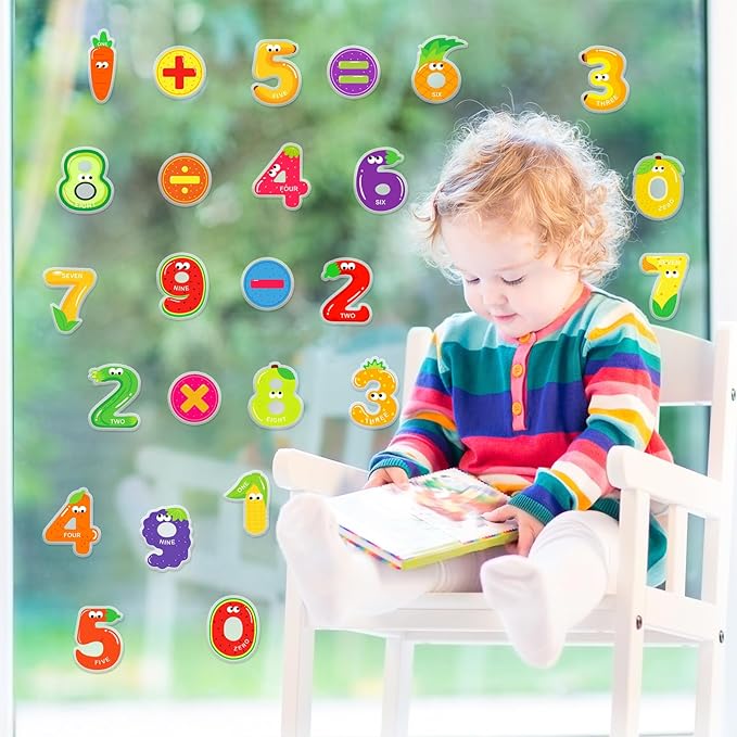 Whaline 50Pcs Number Thick Gel Clings Colorful Fruit Shaped Number 0-9 Window Gel Decals for Back to The School Math Learning Education Home Classroom Nursery Decor, 2 Sheet