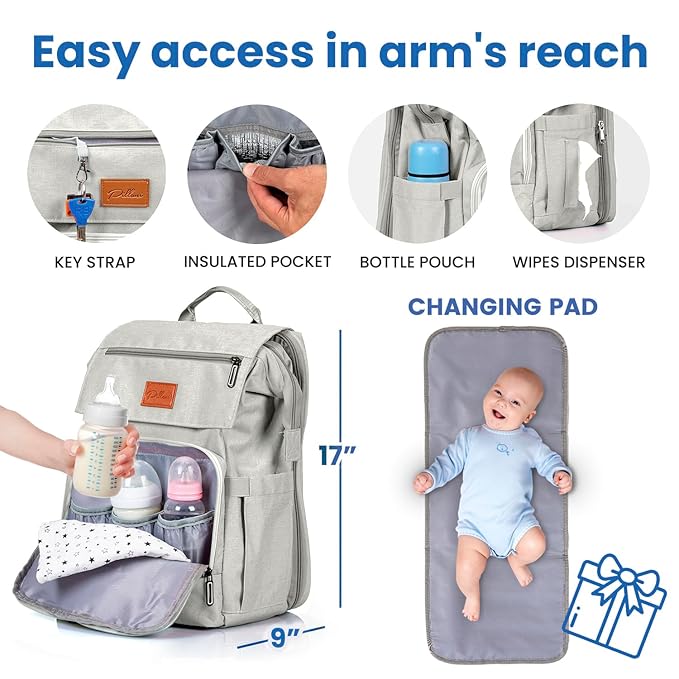 PILLANI Baby Diaper Bag Backpack - Large Bag for Boys & Girls, Waterproof Diaper Backpack - Travel Diaper Bags w/Changing Pad, Baby Registry Search & Shower Gifts - Essentials Must Haves Newborn Stuff