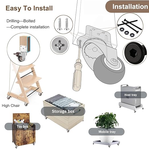 Universal Booster Wheel Kit for Stokke Tripp Trapp High Chairs - 360° Swivel Casters with Safety Locks + Free Sippy Cup Strap (4-Piece Set)