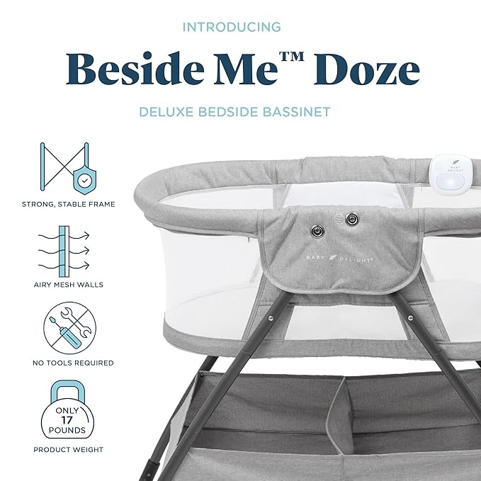 Baby Delight Beside Me Doze Deluxe Baby Bassinet, Bedside Sleeper, Foldable, Removeable Canopy, Pebble Grey