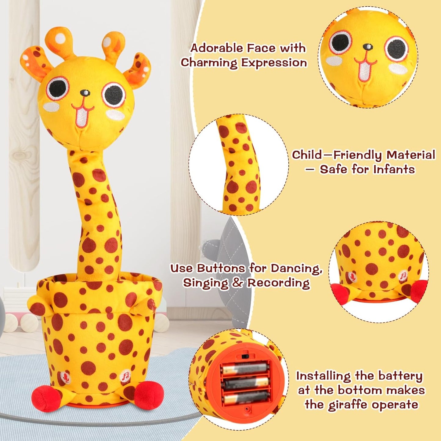 Dancing Talking Giraffe Toy, Stuffed Animal Baby Toy Repeating What You Say, Glowing Musical Electronic Giraffe with 60 Songs, Gift for Kids 3+ Years Old