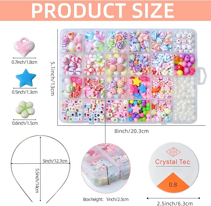 Kids DIY Bead Jewelry Making Kit, Beads for Girls Toys Bead Art and Craft Kits DIY Bracelets Necklace Hairband and Rings Toy for Age 4 5 6 7 8 9 10 11 Year Old Girl Gifts