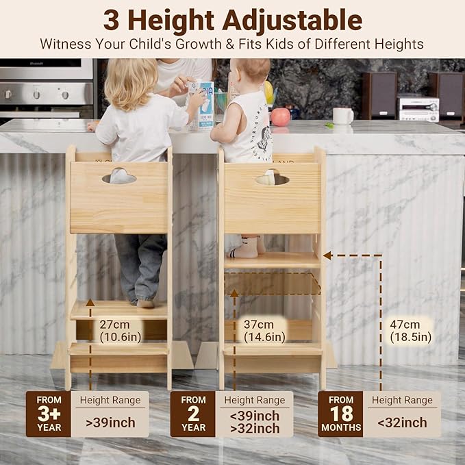 COSYLAND Height Adjustable Toddler Standing Tower - Super Stable Toddler Kitchen Stool Helper with Wooden Barrier - No Falling or Tipping Over (Natural)