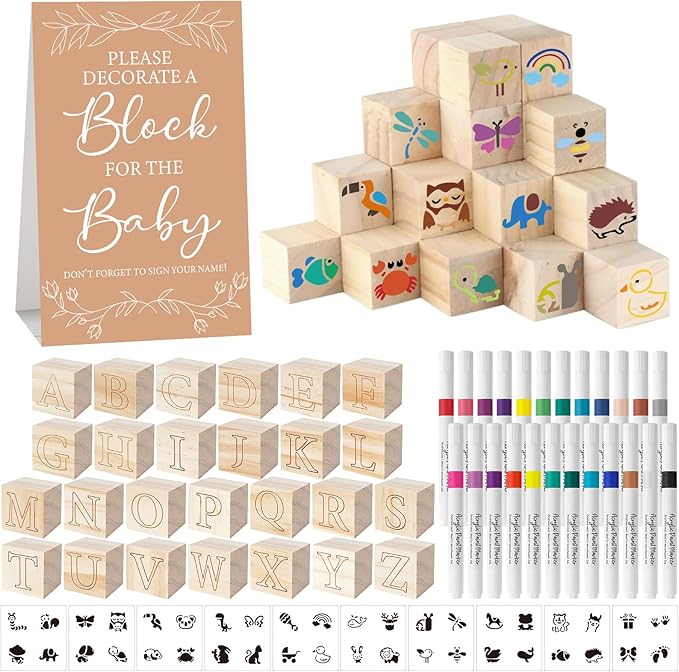 117 Pcs Baby Shower Blocks to Decorate Game Kit Includes 52 Wooden Blocks 24 Markers 1 Game Sign 40 Templates to Paint (Kraft)