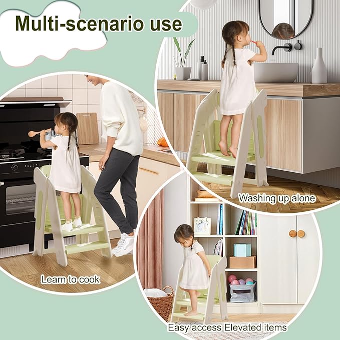 Toddler Tower Kitchen Stool Helper,Foldable/Adjustable Height Kids StandingTower Stool W/CPC Certification,for Kitchen Counter Bathroom Sink Cooking Child Ladder for Toddlers W/Safty Rail(Brown White)