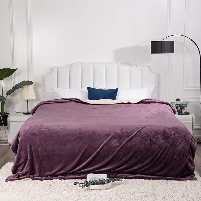 NANPIPER King Size Sherpa Blanket, Soft Fleece Throw for Bed, Reversible Thick Fuzzy Blanket for Winter (Cassis Purple, 90x108 inches)