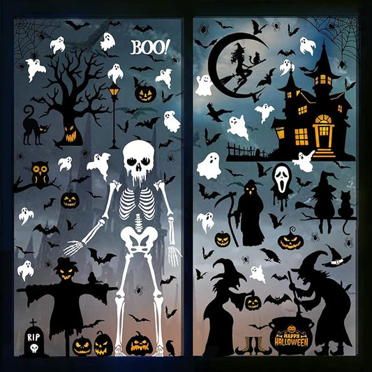 150 Pcs Halloween Window Clings Halloween Decor Indoor Bats Window Decoration | Large-Size Double-Side Witches Skeletons Windo Stickers Clings Hallowee Party Decoration Reusable & Removable