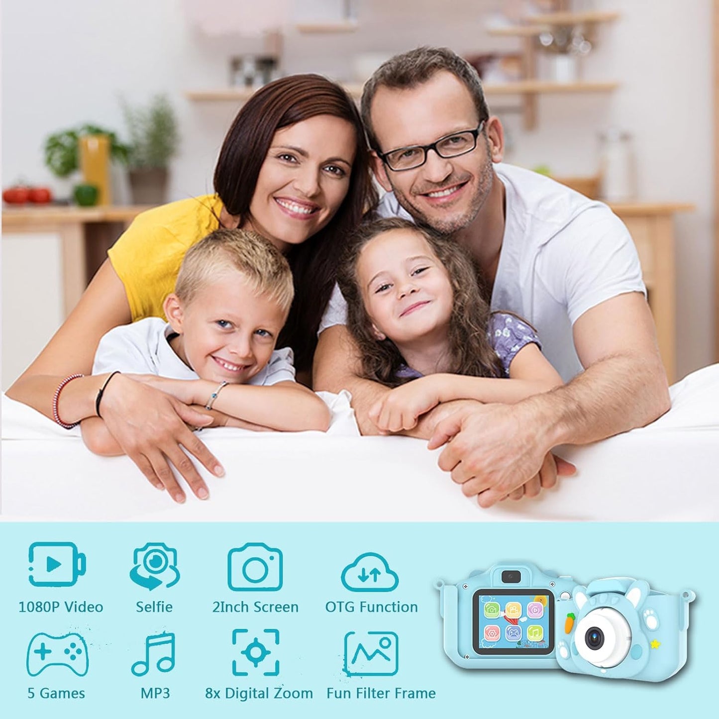 Kids Camera Toys,48MP Dual Lens with 64G SD Card and Cartoon Soft Cover for 3-8 Year Old Girls Boys (Bluer)