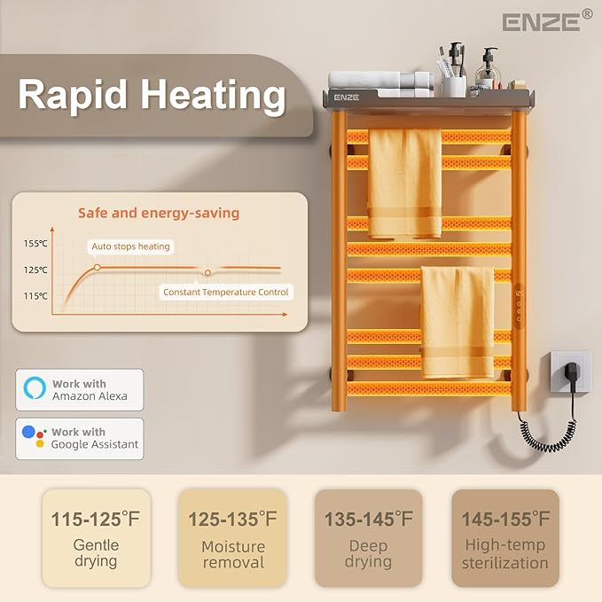 ENZE Heated Towel Rack with Shelf and Wi-Fi App Control, 8 Bars Electric Wall Mounted Towel Warmer with Timer & Adjustable Temperature, Low Carbon Steel, Plug-in/Hardwired, Gray