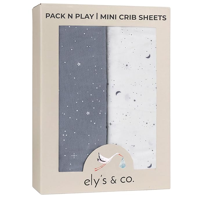 Ely’s & Co. Pack and Play Sheets, for Mini/Portable Crib, 2 Pack Fitted Playpen Play Yard Sheet Set Compatible with Graco Pack n Play, for Baby Boys, 100% Cotton, Celestial Blue Print, 38”x24”x5”
