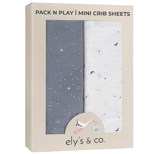 Ely’s & Co. Pack and Play Sheets, for Mini/Portable Crib, 2 Pack Fitted Playpen Play Yard Sheet Set Compatible with Graco Pack n Play, for Baby Boys, 100% Cotton, Celestial Blue Print, 38”x24”x5”
