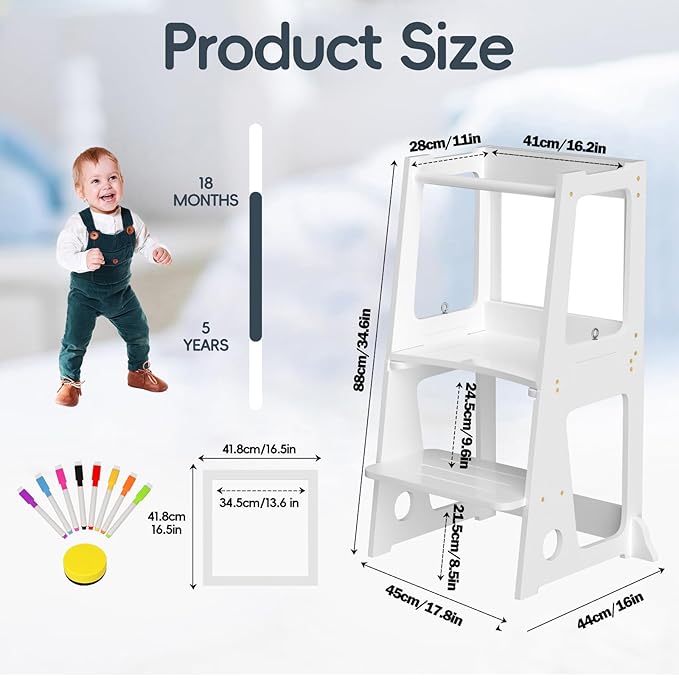 4 in 1 Kitchen Toddler Step Stool, Foldable Learning Toddler Standing Tower with Double-Sided Whiteboard, Wooden Kitchen Stool Helper for Kids 1.5 to 5 Years Old,Bathroom Sink Counter