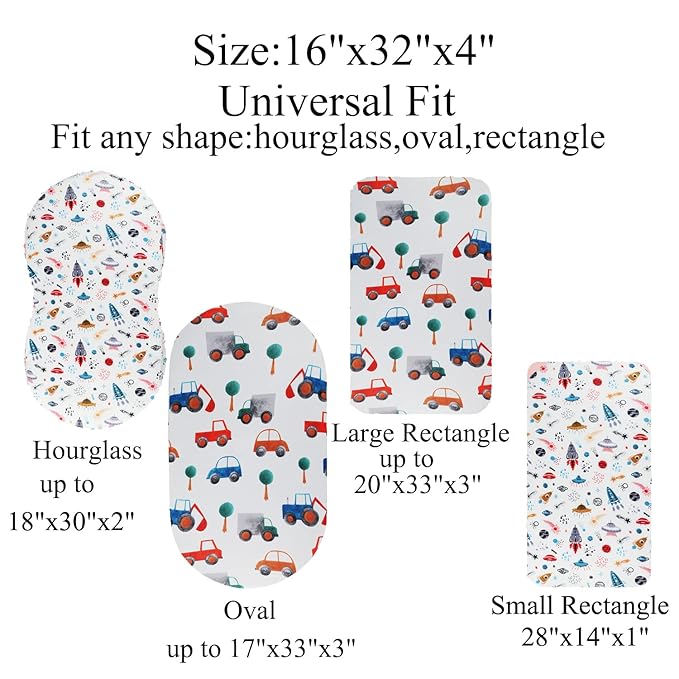 Bassinet Sheet Set 2 Pack Snug Fitted Cradle Fitted Sheets, Stretchy Ultra Soft, for Oval Rectangle Hourglass Bassinet Mattress, Unisex Boy Girl, Planet Rocket Satellite & Car