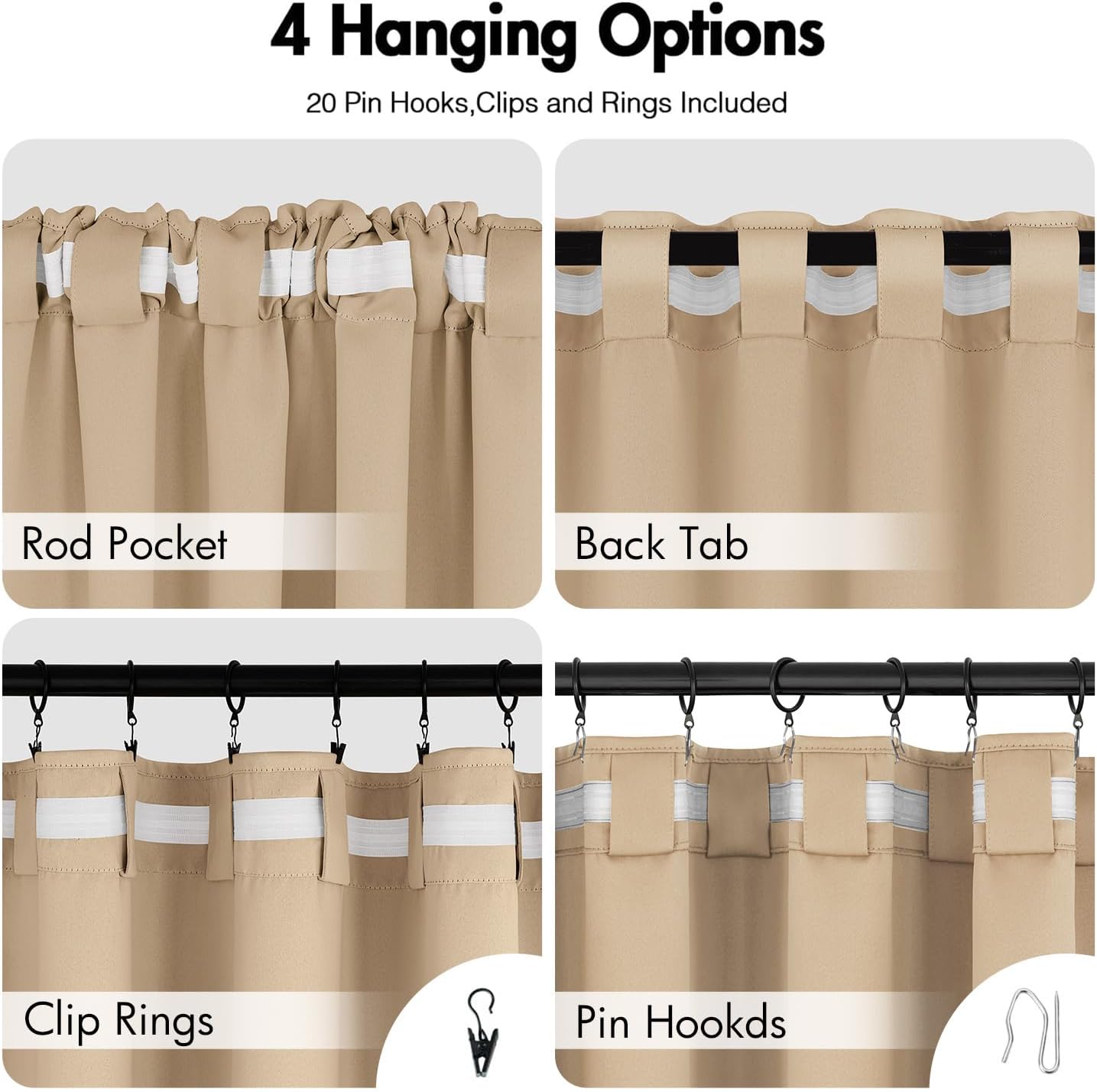 ANRODUO Back Tab Blackout Curtains for Bedroom Living Room, Rod Pocket Pinch Pleated Thermal Insulated Room Darkening Curtains 72 Inches Long 2 Panels, Beige, 42 x 72 Inch