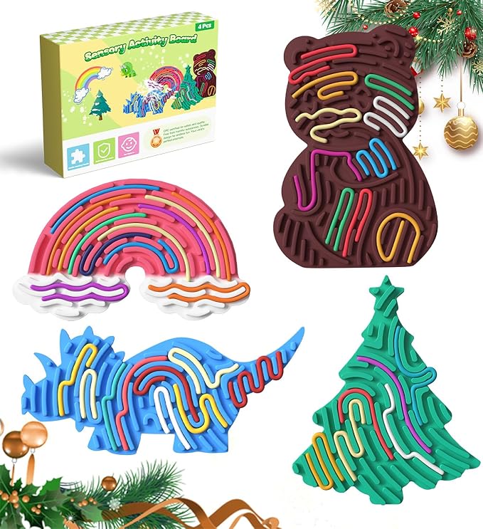 4Pcs Sensory Activity Board,Silicone Sensory Toys for Calming, Stress, Anxiety, ADHD, Autism,Fidget Toys for Inspire Kid's 3+ Creative Talents,Duble Sided Design Kids Busy Board
