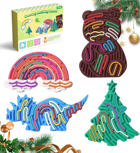 4Pcs Sensory Activity Board,Silicone Sensory Toys for Calming, Stress, Anxiety, ADHD, Autism,Fidget Toys for Inspire Kid's 3+ Creative Talents,Duble Sided Design Kids Busy Board