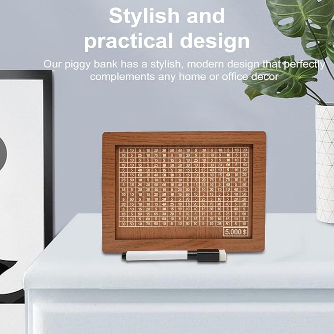 10000 Savings Challenge Box, Money Saving Box with Money Target and Numbers, Cash Vault Wooden Savings Box, Wooden Money Box, Coin Counter Piggy Bank for Adults, Wooden Coin Bank for Kids 5,000