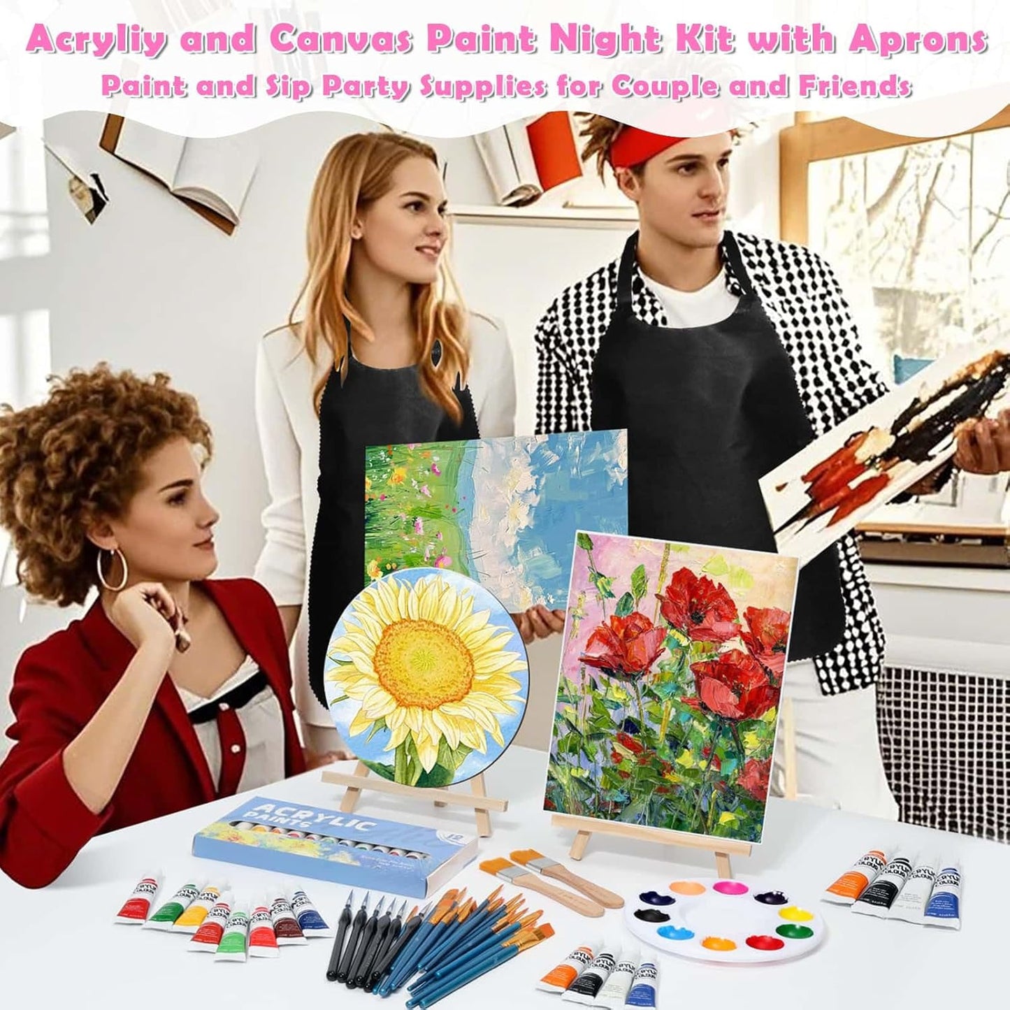 Date Night Painting Kit, 62 Pcs Detail Paint Brushes Canvas Panels with Wood Easel 12 Colors Acrylic Paint, Circular Canvas Art Aprons Sip and Paint Supplies for Adults, Kids, and Beginner