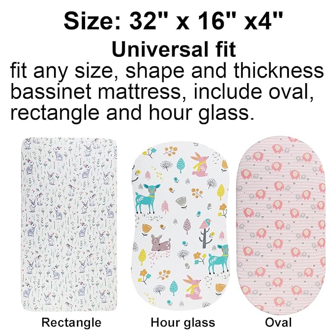 Onacosht Bassinet Sheets for Baby Boy and Girl, Stretchy Fitted Sheet Universal for Bassinet Cradle Hourglass Oval Rectangle Pad/Mattress, 4 Pack Deer, Elephant, Rabbit and Squirrel Printing