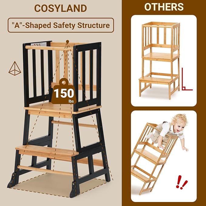 COSYLAND Kids Kitchen Step Stool Helper - Wooden Standing Tower for Kids with Anti-Tip Support Legs - Mothers' Helper Kids Learning Stool for Kitchen Counter (Black & Natural)