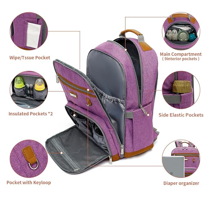 Diaper Bag Backpack, Large Baby Nappy Bags with Portable Changing Pad for Boys and GirlsMultifunction Travel Baby Bag for Moms Dads, Shower Gifts Waterproof and Stylish，Purple