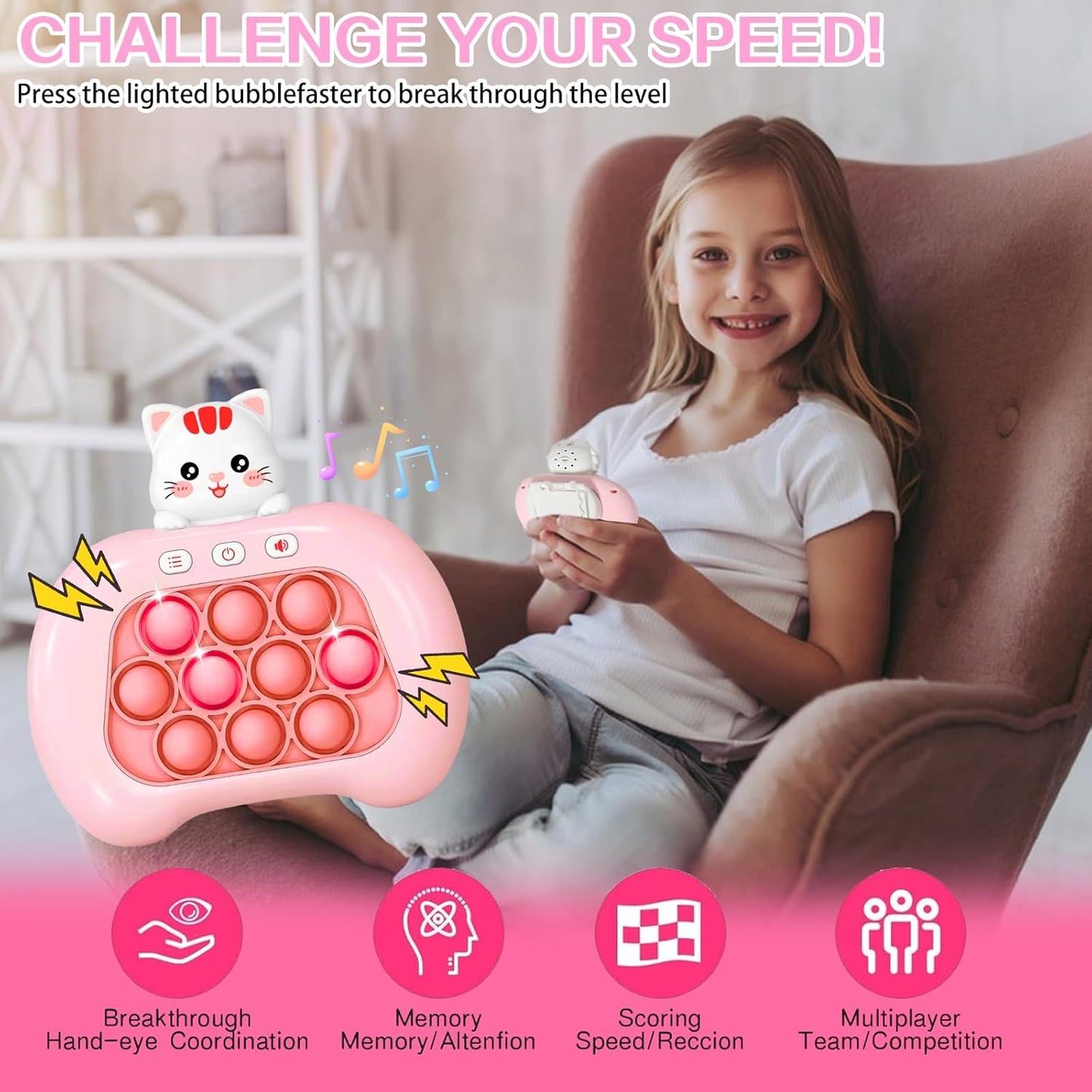 Fast Push Game,Sensory Toys Pop Game Machine,Handheld Fidget Console for Kids Adults, Birthday Gifts for Boys Girls-Pink cat