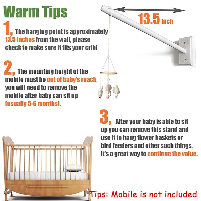 Crib Mobile Wooden Arm, Wall Mounted Suitable for All Cribs 100% Natural Larch Hanger Nusery Decor Baby Room Safe Holder(Mobile is not Included