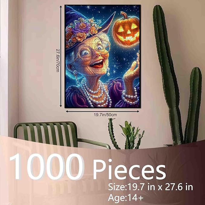 Joyful Grandma Witch with Glowing Pumpkin 1000 Piece Jigsaw Puzzle for Adults Students 20×27 Inches Halloween Starry Sky Happy Elderly Woman Magical Night Home Decor Puzzle Fun Gift for Fall