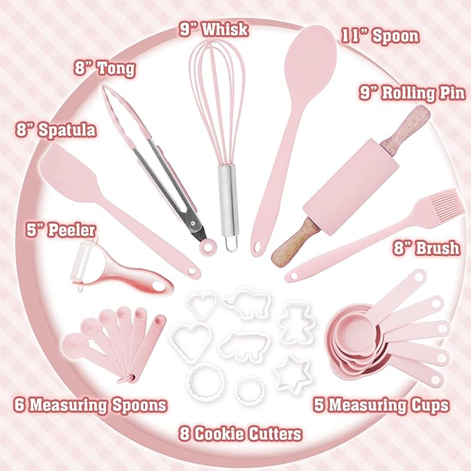 JoyTown Kids Cooking and Baking Set with Storage Case –Complete Cooking Supplies for The Junior Chef with Cookbook, Knives, Timer, Kids Baking Kit for Girls & Boys – Real Utensils Accessories - Pink