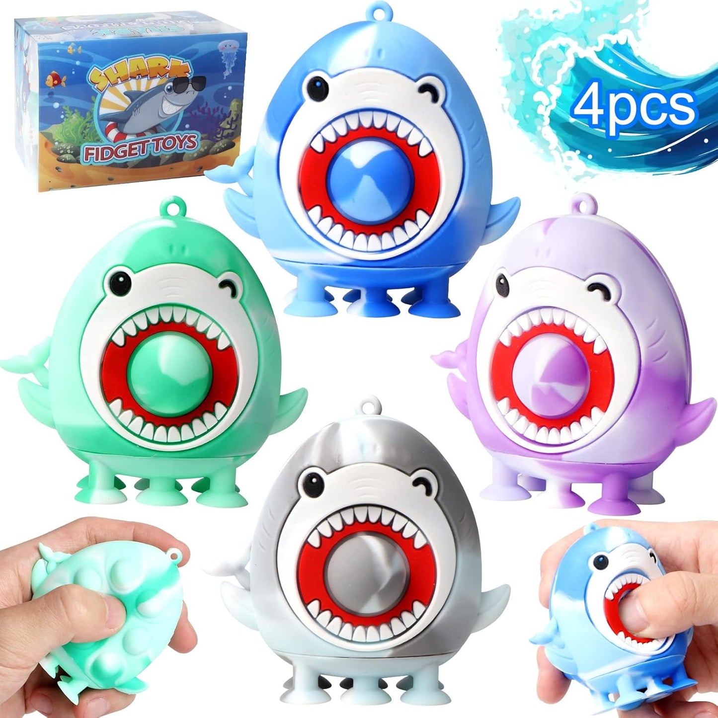 4 PCS Shark Party Favors for Kids,Silicone Shark Suction Bath Toys,3D Shark Pop Fidget Toys Sensory Toys,Stress Relief Desk Toys,Party Favors Shark Toys for Kids